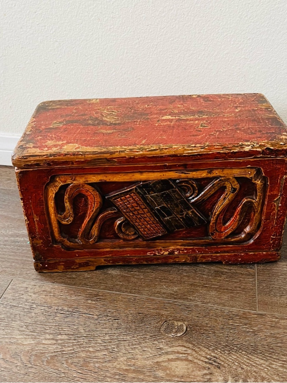 Vintage Carved Wooden Storage Box - Red and Brown